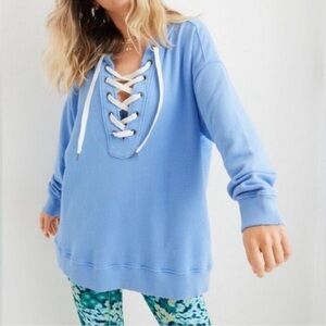 Aerie Blue Lace-Up Sweatshirt XS | Cotton Blend Cozy Casual Pullover